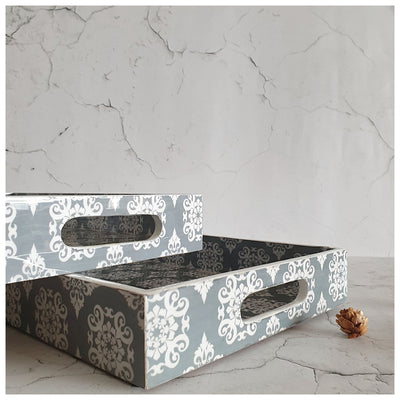 SERVING TRAY - RECTANGLE  - Set of 2 - Grey Mandala Floral