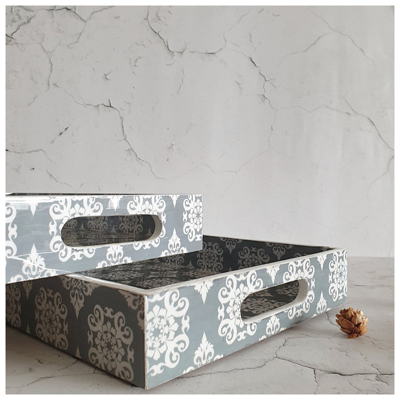 SERVING TRAY - RECTANGLE  - Set of 2 - Grey Mandala Floral