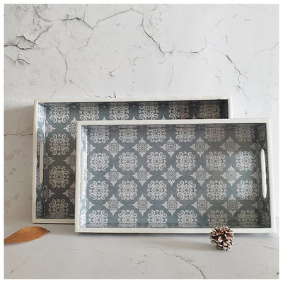 SERVING TRAY - RECTANGLE  - Set of 2 - Grey Mandala Floral