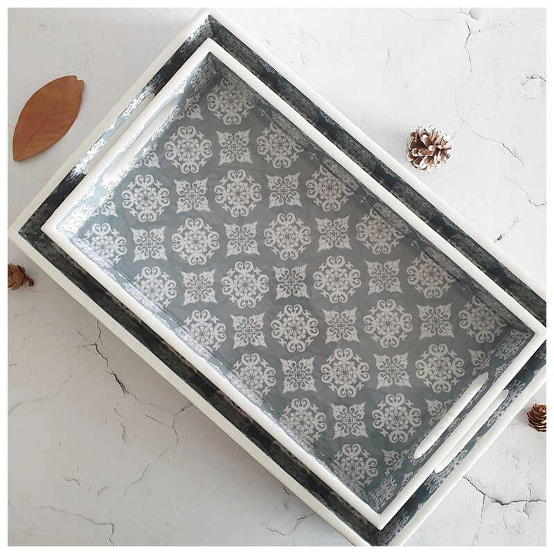 SERVING TRAY - RECTANGLE  - Set of 2 - Grey Mandala Floral