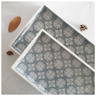 SERVING TRAY - RECTANGLE  - Set of 2 - Grey Mandala Floral