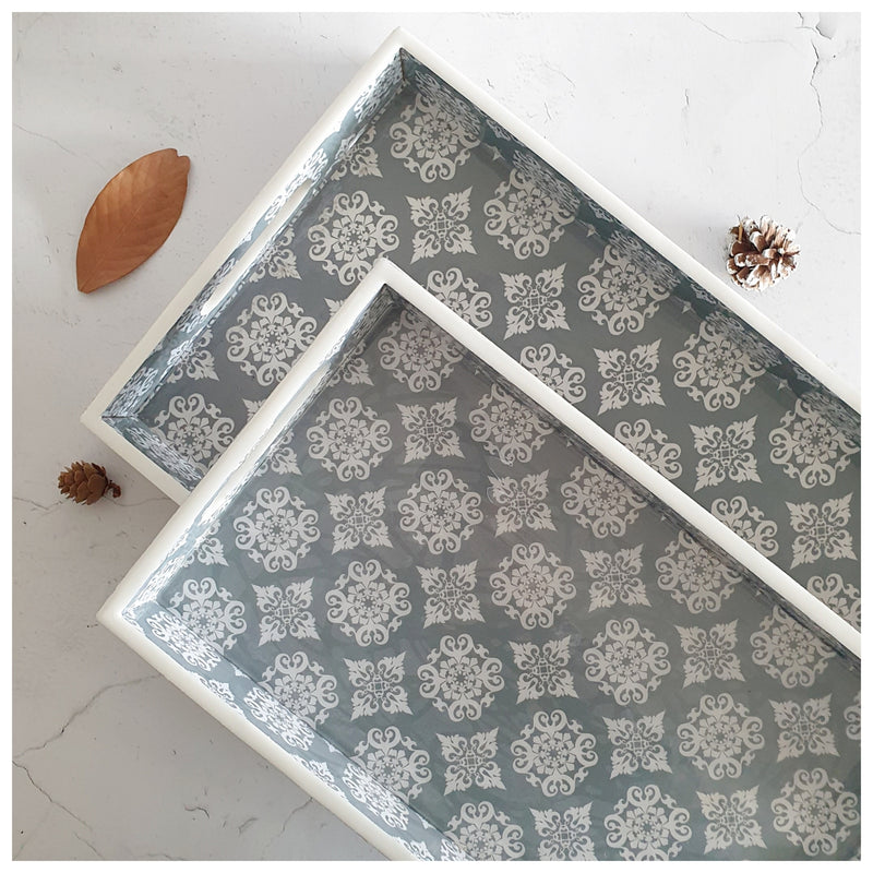 SERVING TRAY - RECTANGLE  - Set of 2 - Grey Mandala Floral