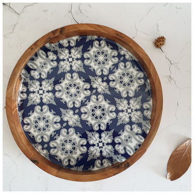 SERVING TRAY WITH SLIT HANDLE CUTS - ROUND - MOROCCAN BLUE FLORAL
