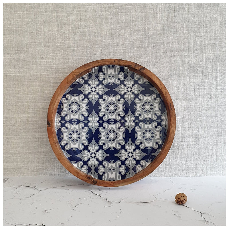SERVING TRAY WITH SLIT HANDLE CUTS - ROUND - MOROCCAN BLUE FLORAL