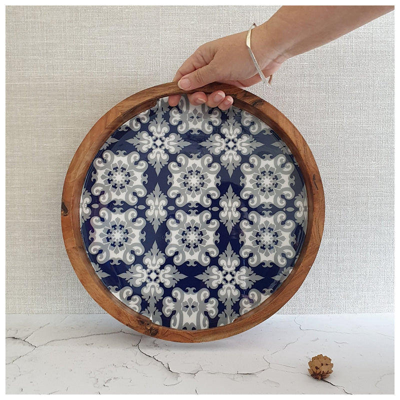 SERVING TRAY WITH SLIT HANDLE CUTS - ROUND - MOROCCAN BLUE FLORAL