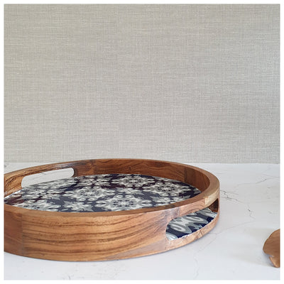 SERVING TRAY WITH SLIT HANDLE CUTS - ROUND - MOROCCAN BLUE FLORAL