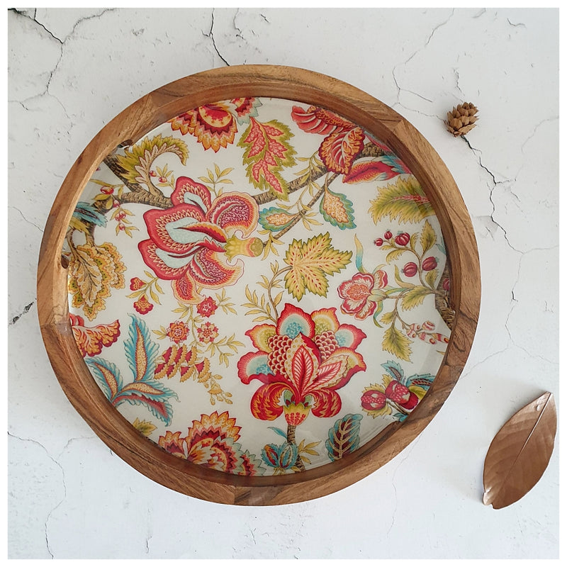 SERVING TRAY WITH SLIT HANDLE CUTS - ROUND - AUTUMN FLORAL