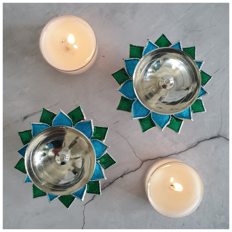 Diya - Silver Plated - Blue - Set of 2