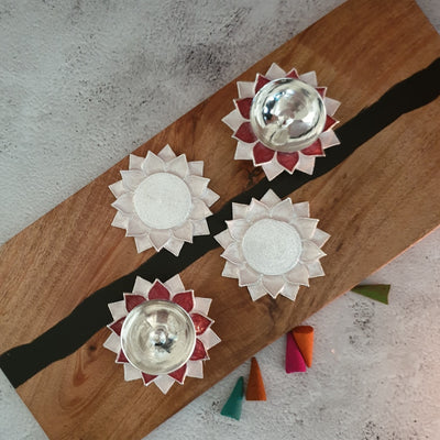 Diya & Tea Light Holder - Silver Plated - Rose - Set of 4