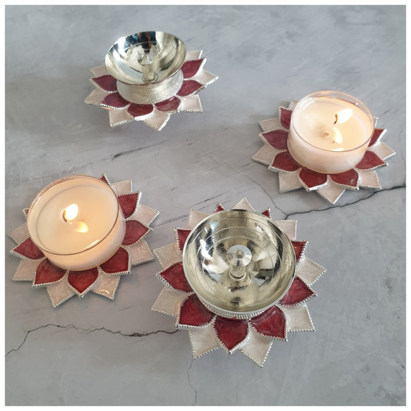 Diya & Tea Light Holder - Silver Plated - Rose - Set of 4