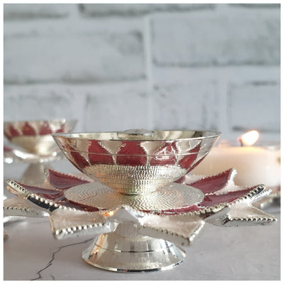 Diya & Tea Light Holder - Silver Plated - Rose - Set of 4
