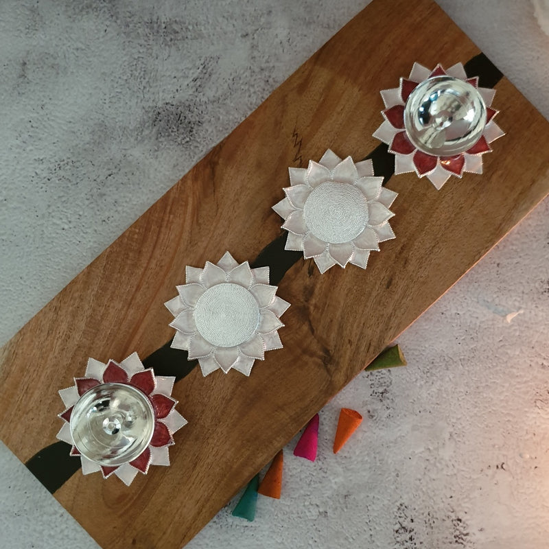 Diya & Tea Light Holder - Silver Plated - Rose - Set of 4