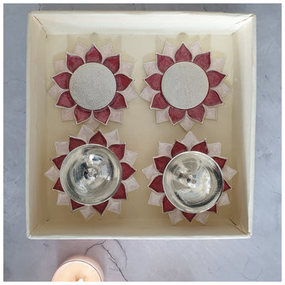 Diya & Tea Light Holder - Silver Plated - Rose - Set of 4