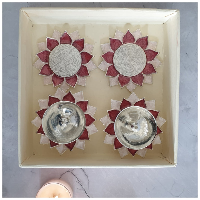 Diya & Tea Light Holder - Silver Plated - Rose - Set of 4
