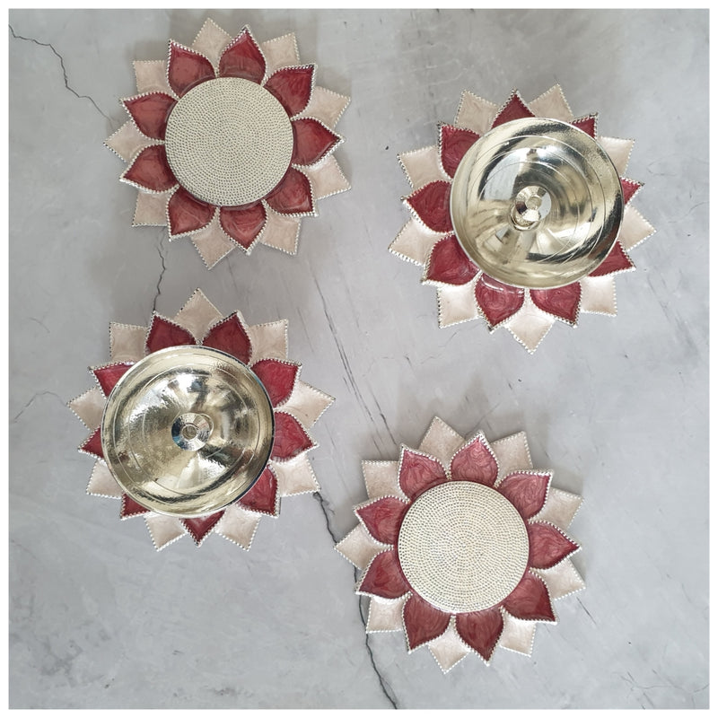 Diya & Tea Light Holder - Silver Plated - Rose - Set of 4