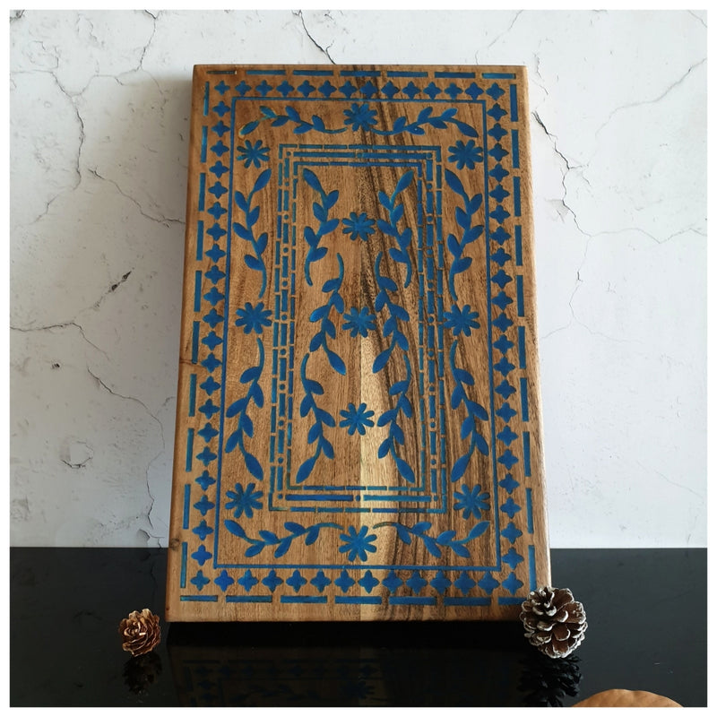 Cheese Board/Bread Plate - Acacia Wood with Blue Carved Design