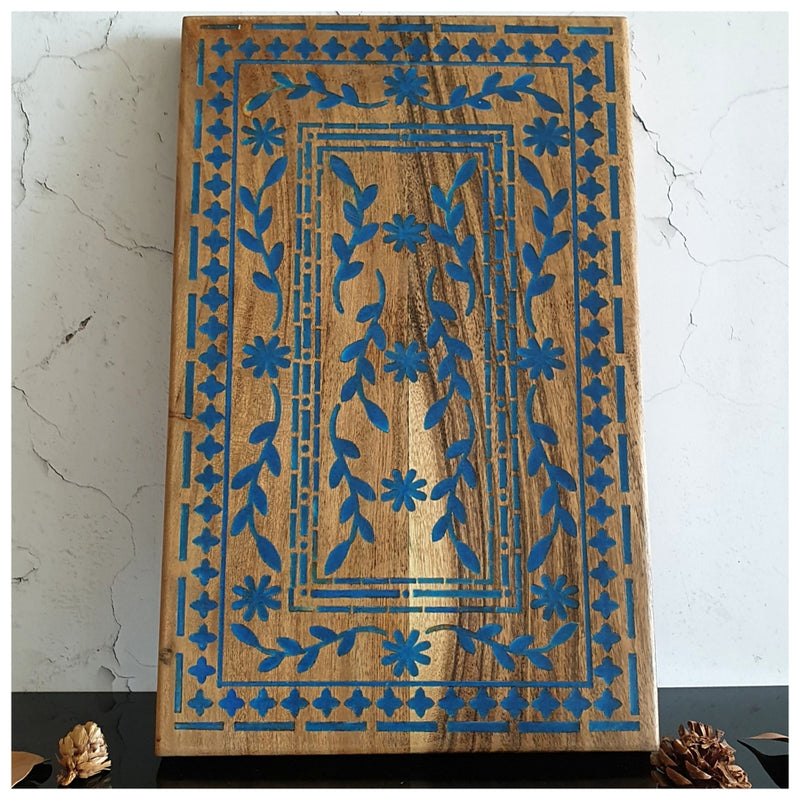 Cheese Board/Bread Plate - Acacia Wood with Blue Carved Design