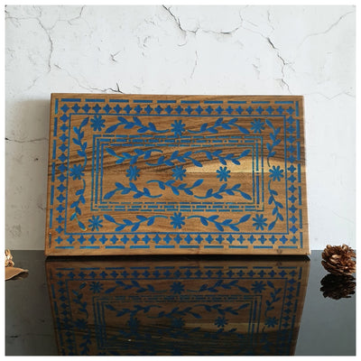 Cheese Board/Bread Plate - Acacia Wood with Blue Carved Design