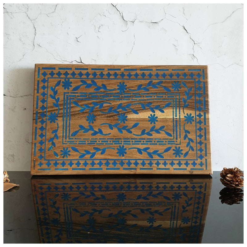 Cheese Board/Bread Plate - Acacia Wood with Blue Carved Design