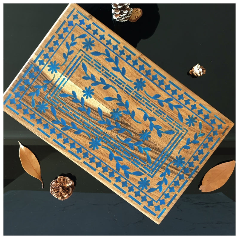 Cheese Board/Bread Plate - Acacia Wood with Blue Carved Design