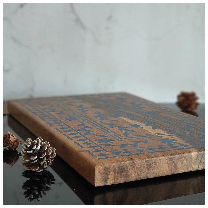 Cheese Board/Bread Plate - Acacia Wood with Blue Carved Design