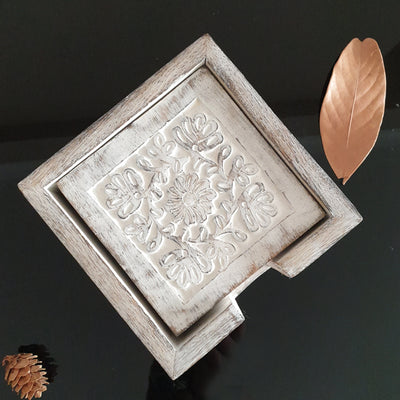 Coasters with Holder - Distress White - Carved