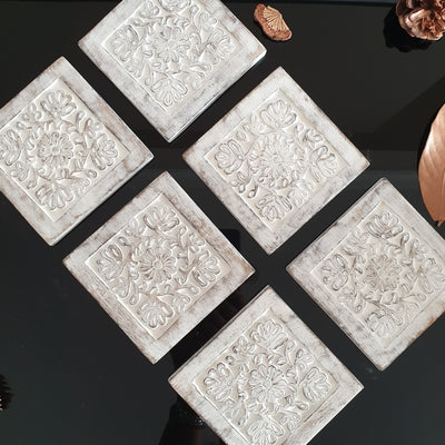 Serving Tray & Coaster Set - Carved - Distress White & Natural Beige