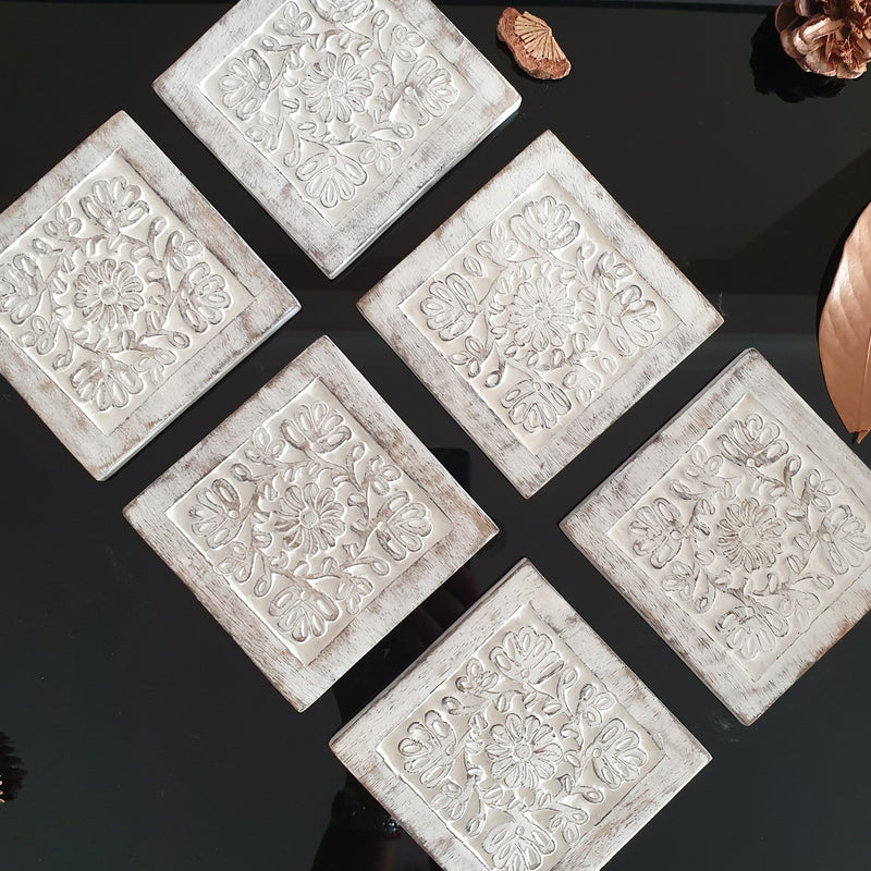 Coasters with Holder - Distress White - Carved