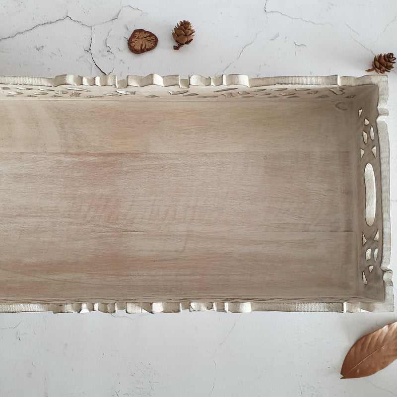 SERVING TRAY - CARVED - RECTANGLE - DISTRESS WHITE & NATURAL BEIGE