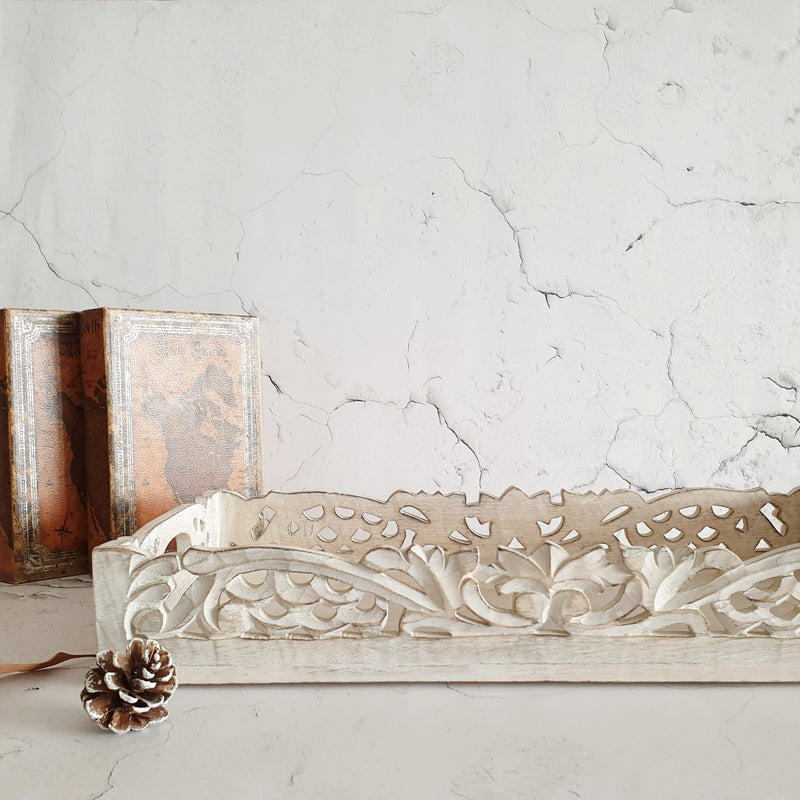 SERVING TRAY - CARVED - RECTANGLE - DISTRESS WHITE & NATURAL BEIGE