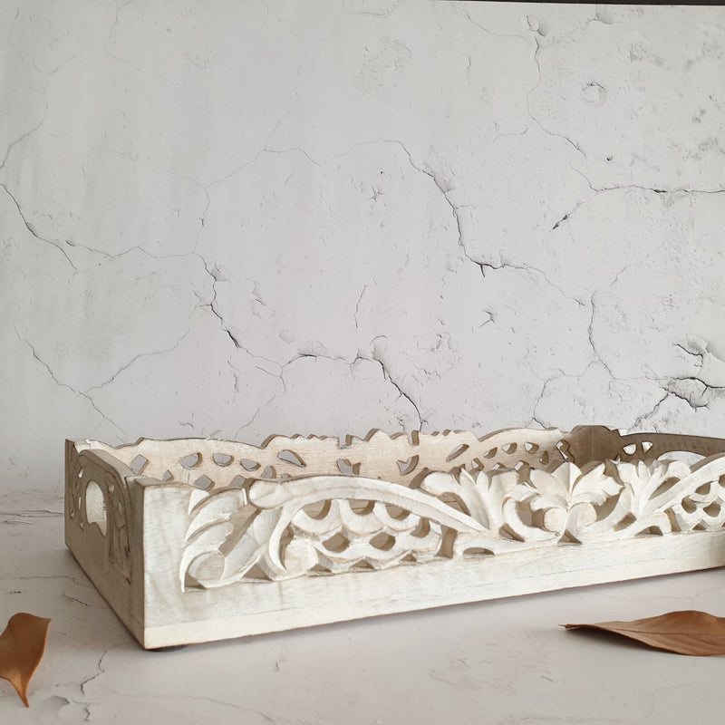 SERVING TRAY - CARVED - RECTANGLE - DISTRESS WHITE & NATURAL BEIGE