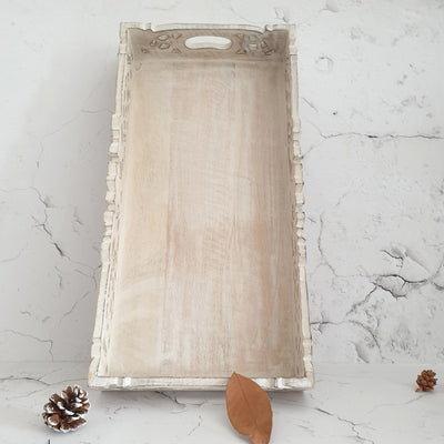 SERVING TRAY - CARVED - RECTANGLE - DISTRESS WHITE & NATURAL BEIGE