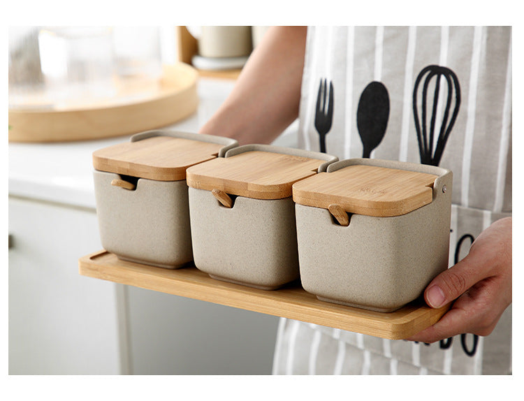 Ceramic - Spice Set - Sand - 3 Jars with Wooden Tray