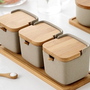 Ceramic - Spice Set - Sand - 3 Jars with Wooden Tray