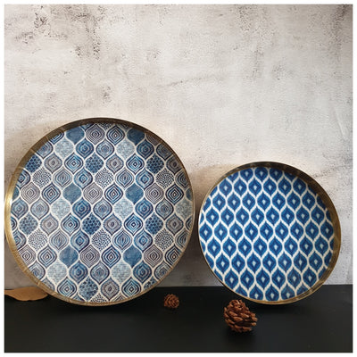 Metal Platter & Tray (Round, Set of 2) - Ikat & Palm Mandala