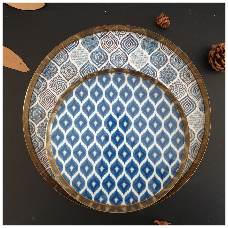Metal Platter & Tray (Round, Set of 2) - Ikat & Palm Mandala