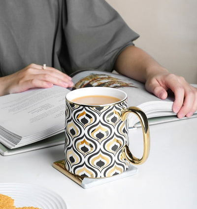 Ceramic Gold & Black Stripes & Peacock - Coffee Mug Set of 2