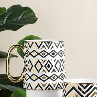 Ceramic Gold & Black Diamond Coffee Mug Set of 2