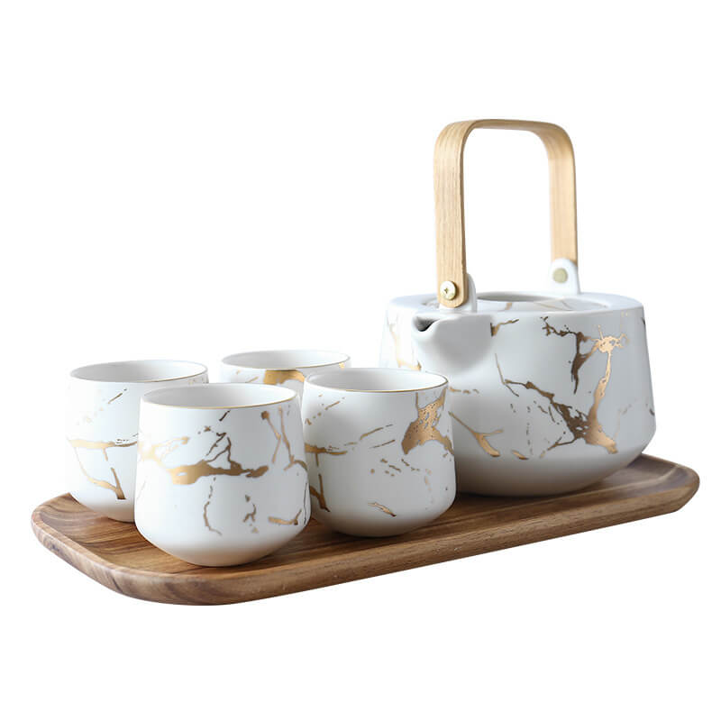 Ceramic - Tea Set - White Matte Marble with Gold Inlay + 4 Mugs with Wooden Tray & Tea Pot
