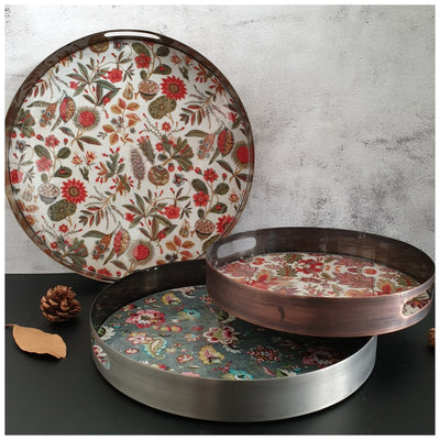 Metal Serving Tray Set of 3, Round - Earthy Floral Collection