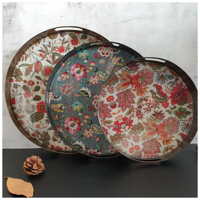 Metal Serving Tray Set of 3, Round - Earthy Floral Collection